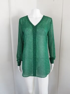 CAbi Bountiful Green Vines Paisley V-Neck Semi-Sheer Long Sleeve Tunic Top Sz S